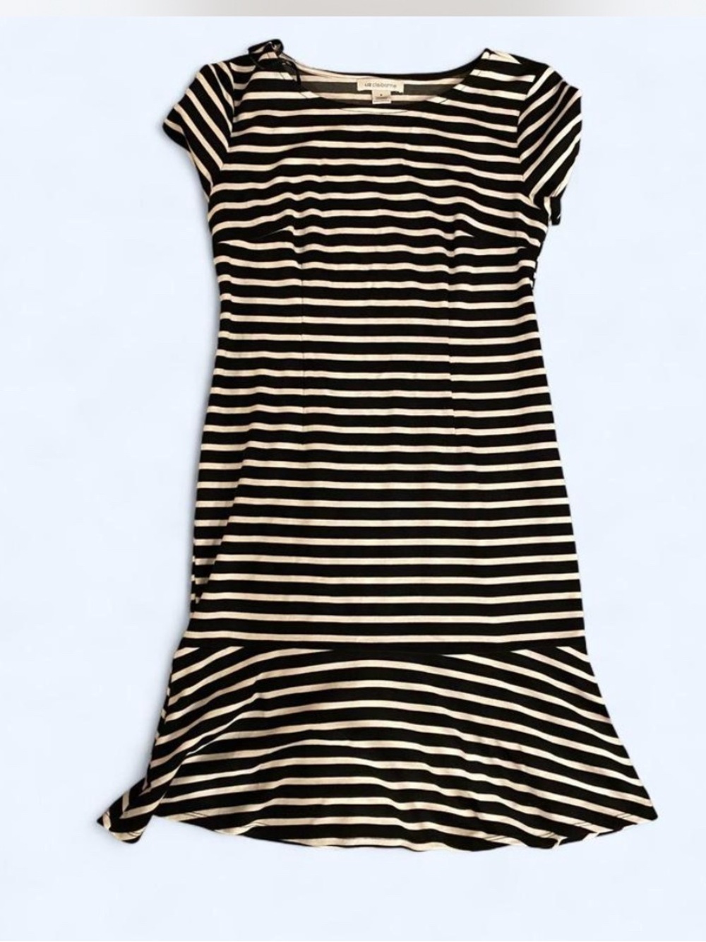 Liz Claiborne Black White Striped Knit Drop Waist Flounce Midi Dress Sz M